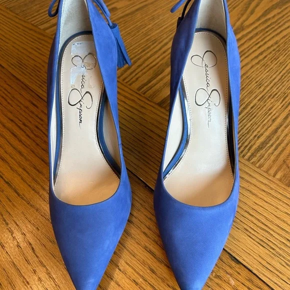 Jessica Simpson Bright Blue/Periwinkle Leather Tassel Bow 4 1/4” Heels Size 8.5 - Picture 2 of 13